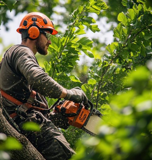 professional arborist trimming a tree with a chainsaw in safety gear, surrounded by lush green leaves